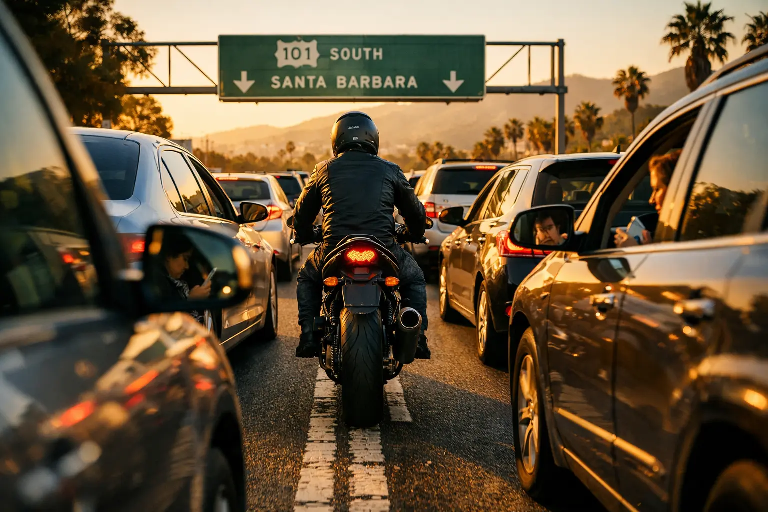 Motorcyclist riding between lanes of slow-moving traffic on a busy highway under a Santa Barbara road sign at sunset, with cars closely surrounding.