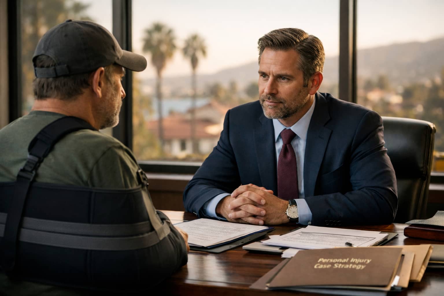 Santa Barbara personal injury lawyer meeting with injured client in law office discussing accident claim strategy and insurance negotiations.