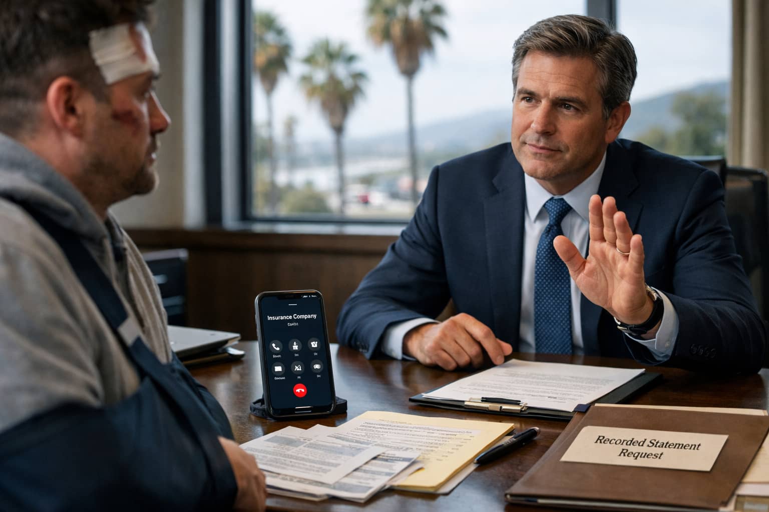 Santa Barbara personal injury lawyer advising accident victim about recorded statement request from insurance adjuster inside coastal law office.