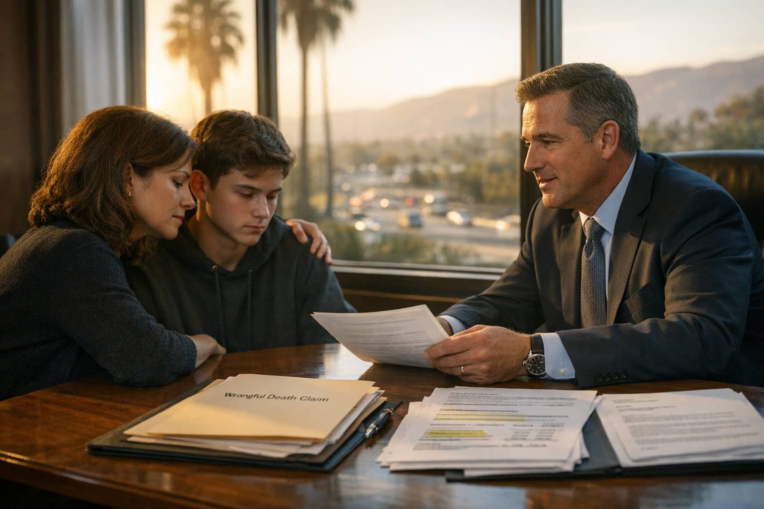 Santa Barbara wrongful death lawyer meeting with grieving family in law office discussing wrongful death claim and compensation strategy