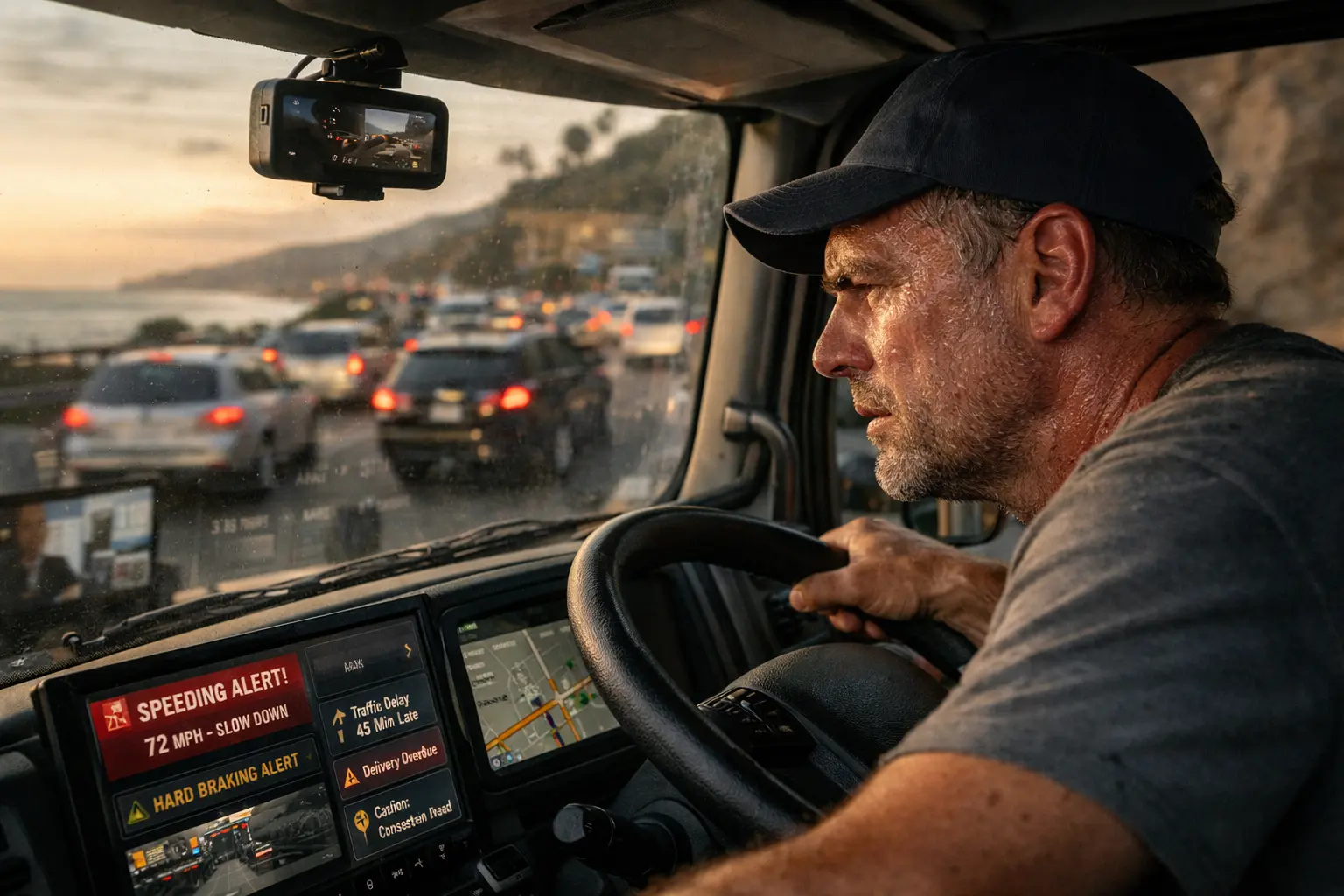 Tired truck driver navigating heavy traffic on a coastal road while a dashboard displays speeding and safety alerts, with cars visible through the windshield at sunset.